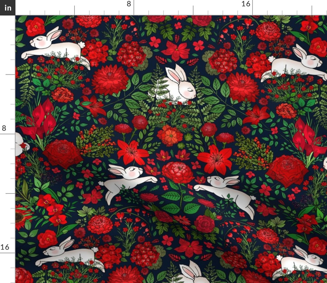 Restful and Raucous Rabbits in a Red Garden (dark navy background)  