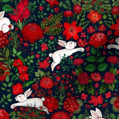 Restful and Raucous Rabbits in a Red Garden (dark navy background) small scale