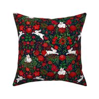 Restful and Raucous Rabbits in a Red Garden (dark navy background) small scale