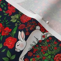 Restful and Raucous Rabbits in a Red Garden (dark navy background) small scale