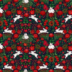 Restful and Raucous Rabbits in a Red Garden (dark navy background) small scale