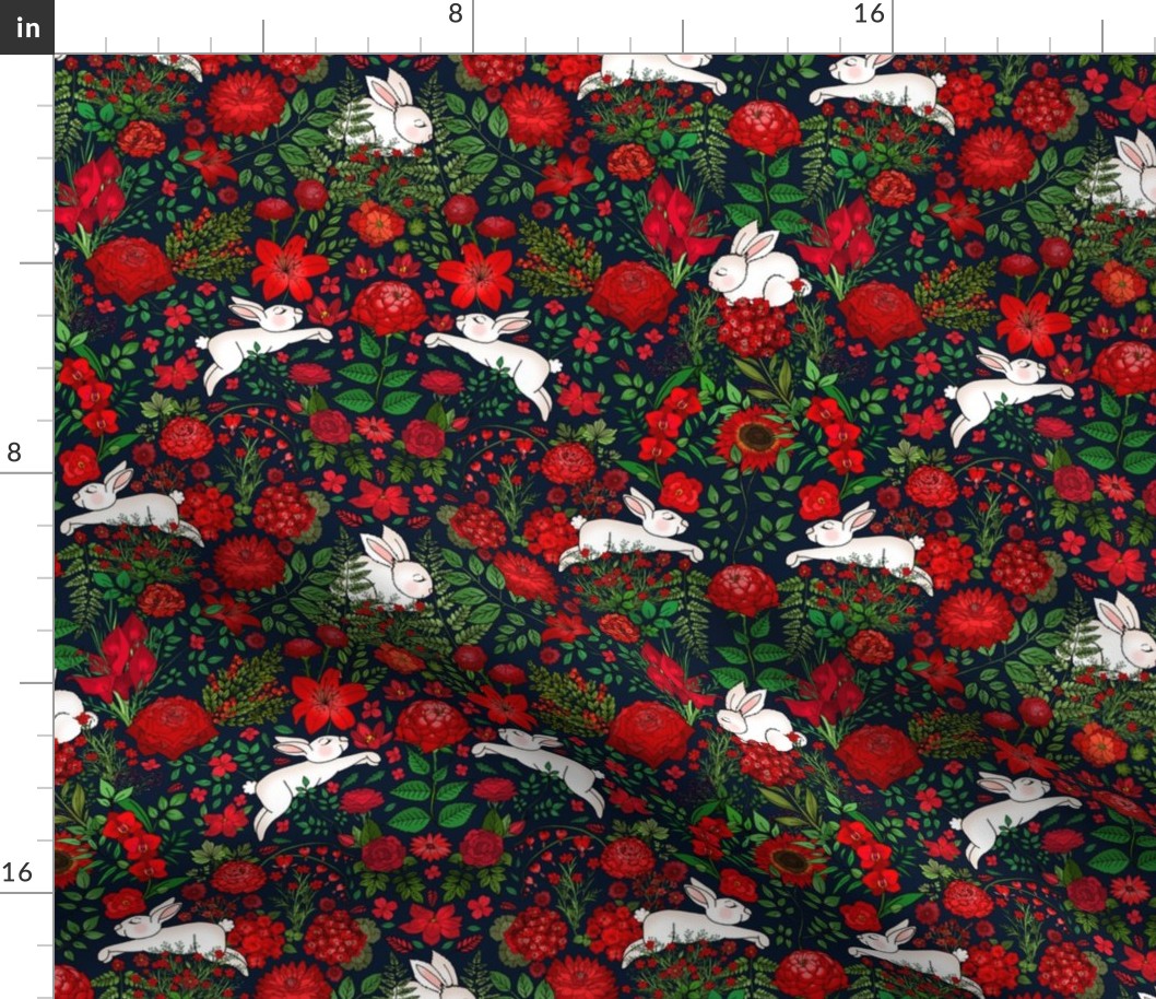 Restful and Raucous Rabbits in a Red Garden (dark navy background) small scale
