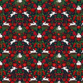 Restful and Raucous Rabbits in a Red Garden (dark navy background) tiny scale