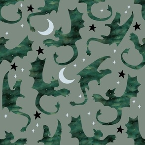 dragons: dark green night sky gold dot stars
