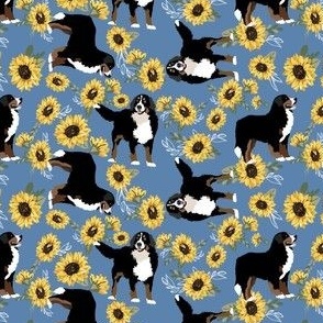 Tiny Print Bernese Mountain Dogs Yellow Sunflowers Denim Blue background 