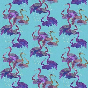 Deco Cranes, Pool Blue and Amethyst Hues, 6in x 8.89in repeat scale