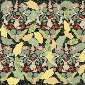 Chinese New Year Rabbits-run-amok-in-the-gardenWilliam-Morris-style-green-tan-pink-yellow-white-on-black