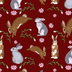 Bunnies and Blossoms on Burgundy