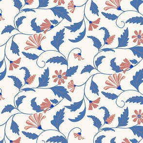 Indian floral blue and coral medium scale for home decor