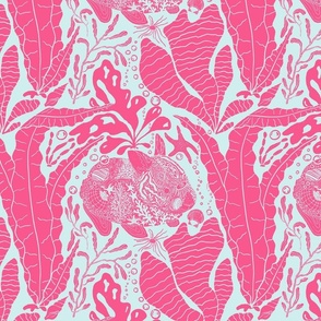 Under Sea Mermaid Bunnies Block Print (Large) - Bright Pink on Aqua