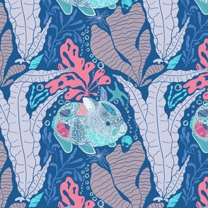 Under Sea Mermaid Bunnies Block Print (Large) - Purple, Ocean Blue and Turquoise 