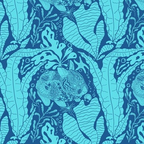 Under Sea Mermaid Bunnies Block Print (Large) - Bright Turquoise and Ocean Blue 