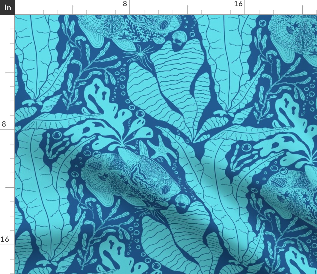 Under Sea Mermaid Bunnies Block Print (Large) - Bright Turquoise and Ocean Blue 