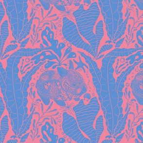 Under Sea Mermaid Bunnies Block Print (Large) - Bright Periwinkle and Pink