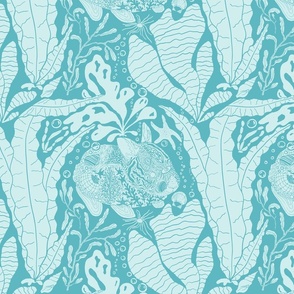 Under Sea Mermaid Bunnies Block Print (Large) - Bright Aqua and Turquoise