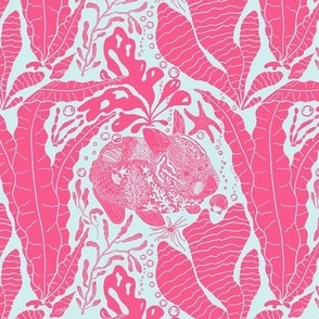 Under Sea Mermaid Bunnies Block Print (Medium) - Bright Pink on Aqua 