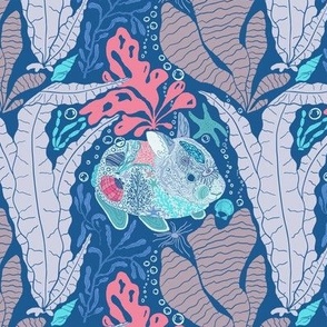 Under Sea Mermaid Bunnies Block Print (Medium) - Purple, Ocean Blue and Turquoise 