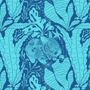Under Sea Mermaid Bunnies Block Print (Medium) - Bright Turquoise and Ocean Blue 