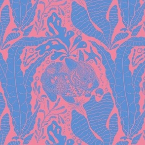 Under Sea Mermaid Bunnies Block Print (Medium) - Bright Periwinkle and Pink