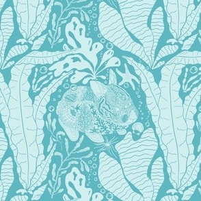 Under Sea Mermaid Bunnies Block Print (Medium) - Bright Aqua and Turquoise 