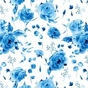 Blue watercolor roses on white small