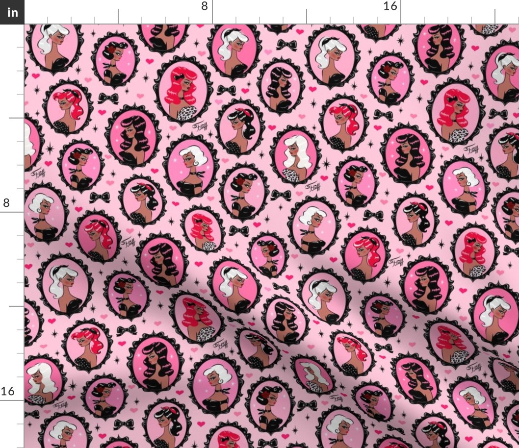MEDIUM- Cameo Dolls on Pink Black Pinups