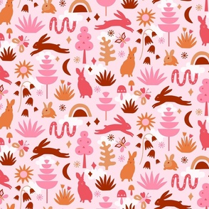 Med // Whimsical landscape with Rabbits, bunnies, snakes, butterflies, trees, mushrooms, florals, sun and clouds in pink, radiant red, light pink, brown 