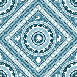 Ancient Greek Mosaic Tiles, Aegean Teal and White