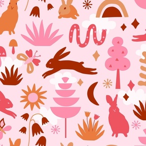 Large // Whimsical landscape with Rabbits, bunnies, snakes, butterflies, trees, mushrooms, florals, sun and clouds in pink, radiant red, light pink, brown 