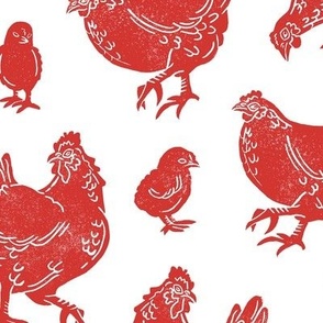 Red Block Print Chickens by Angel Gerardo - Large Scale