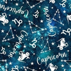 Medium Scale Capricorn Zodiac Symbols and Constellations on Teal Galaxy