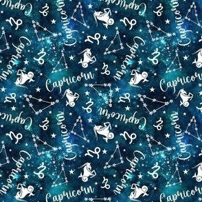 Small Scale Capricorn Zodiac Symbols and Constellations on Teal Galaxy