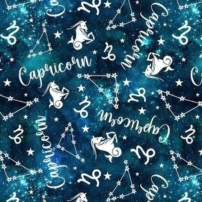 Small-Medium Scale Capricorn Zodiac Symbols and Constellations on Teal Galaxy