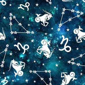 Large Scale Capricorn Zodiac Symbols and Constellations on Teal Galaxy