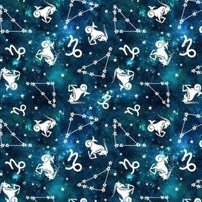 Small Scale Capricorn Zodiac Symbols and Constellations on Teal Galaxy