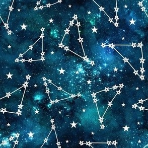 Medium Scale Capricorn Constellations and Stars on Teal Galaxy