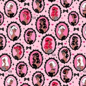 SMALL- Cameo Dolls on Pink Black Pinups