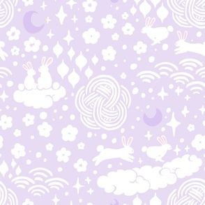 Year of the rabbit. Celestial zodiac moon rabbit. White on lavender violet. Soft baby girl bunny pattern.