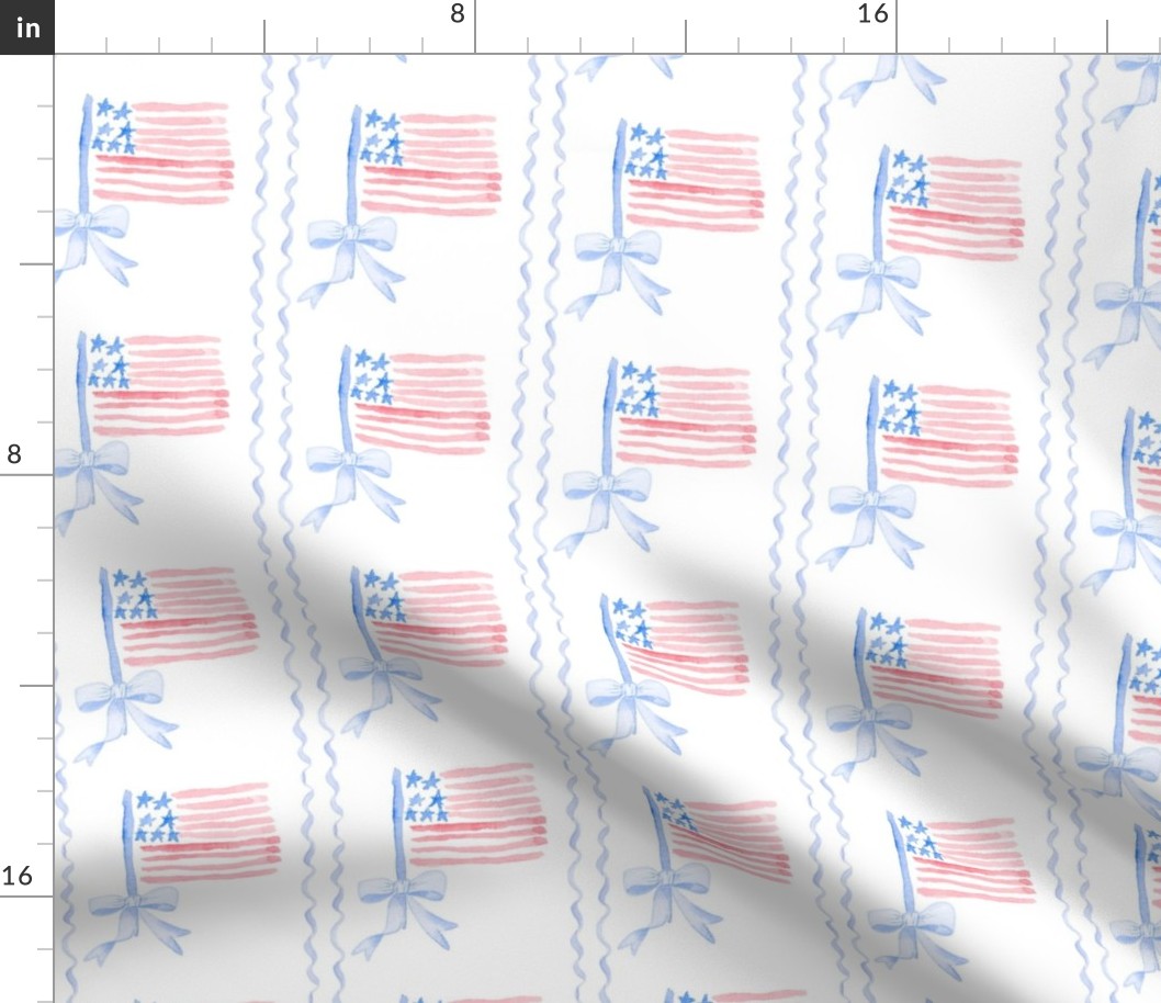 Grandmillennial Independence day 4th of July Watercolor Flags Bows