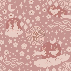 Year of the rabbit. Celestial zodiac moon rabbit. Pale pink on terracota. Soft baby girl bunny pattern.