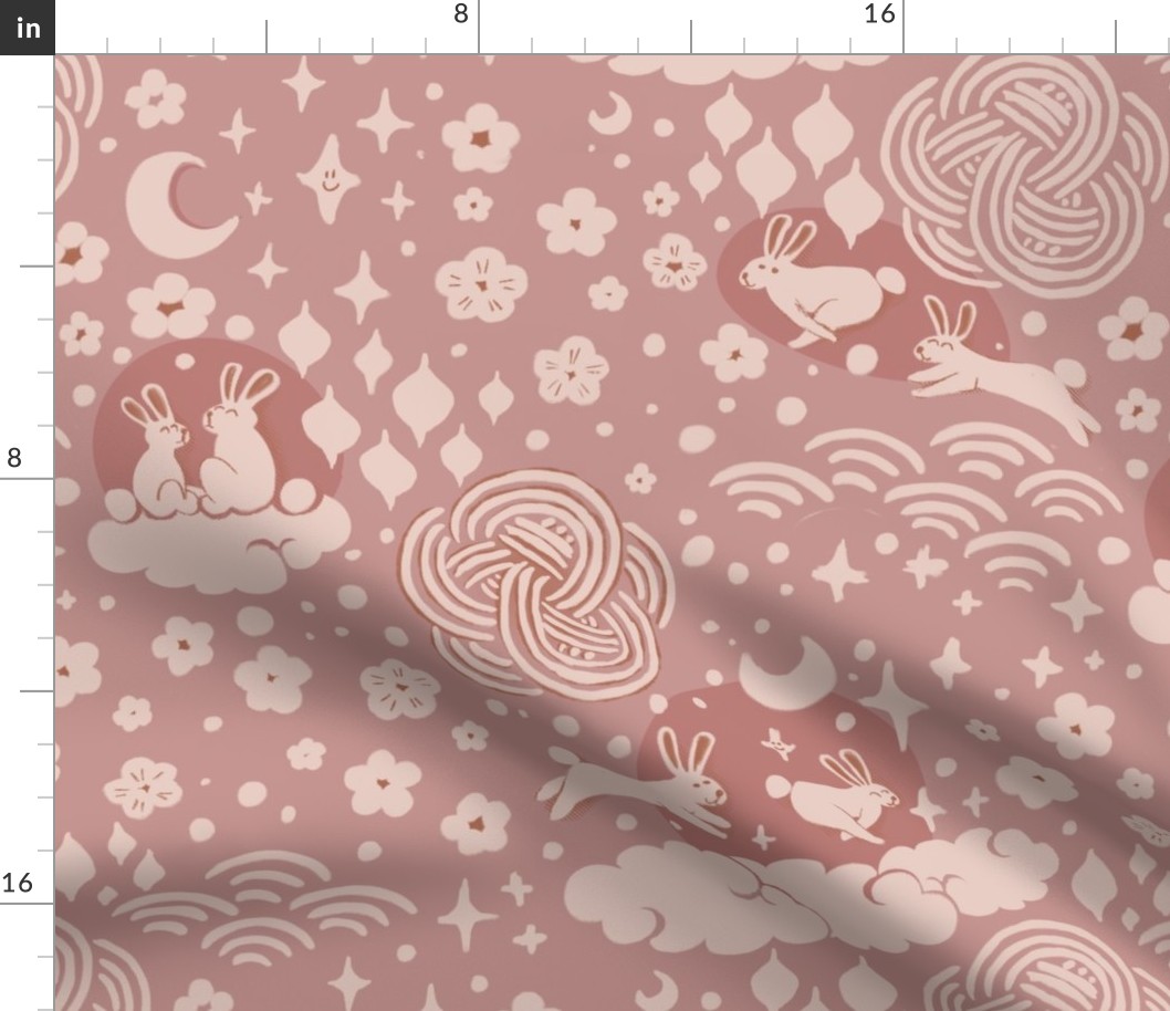 Year of the rabbit. Celestial zodiac moon rabbit. Pale pink on terracota. Soft baby girl bunny pattern.