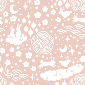 Year of the rabbit. Celestial zodiac moon rabbit. White on pale pink. Soft baby girl bunny pattern.