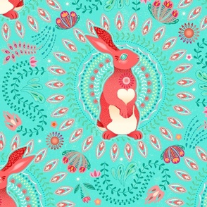 Year of the Rabbit in Coral and Mint - XL