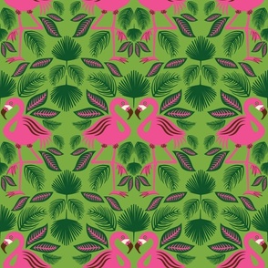 Totally Tropical Pink Flamingo Birds + Palm Leaves - Bright Green