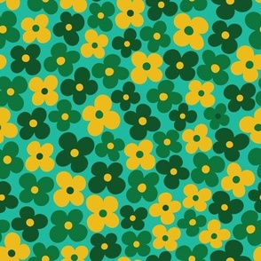 Tropical Paradise - Fun Flowers - Yellow + Green on Bright Blue