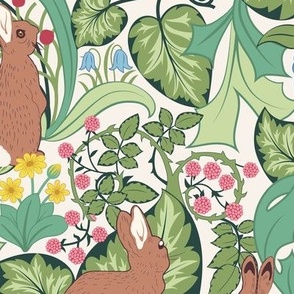 Small Art Nouveau Mischievous Rabbits Foraging  In The Garden