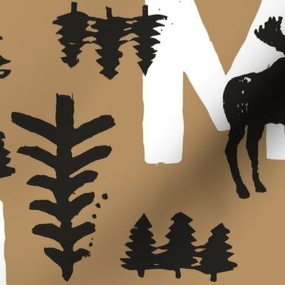 Woodland Forest "M" Moose Block Print in Black Brown White / Large Scale / Two Way