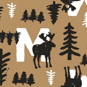 Woodland Forest "M" Moose Block Print in Black Brown White / Large Scale / Two Way