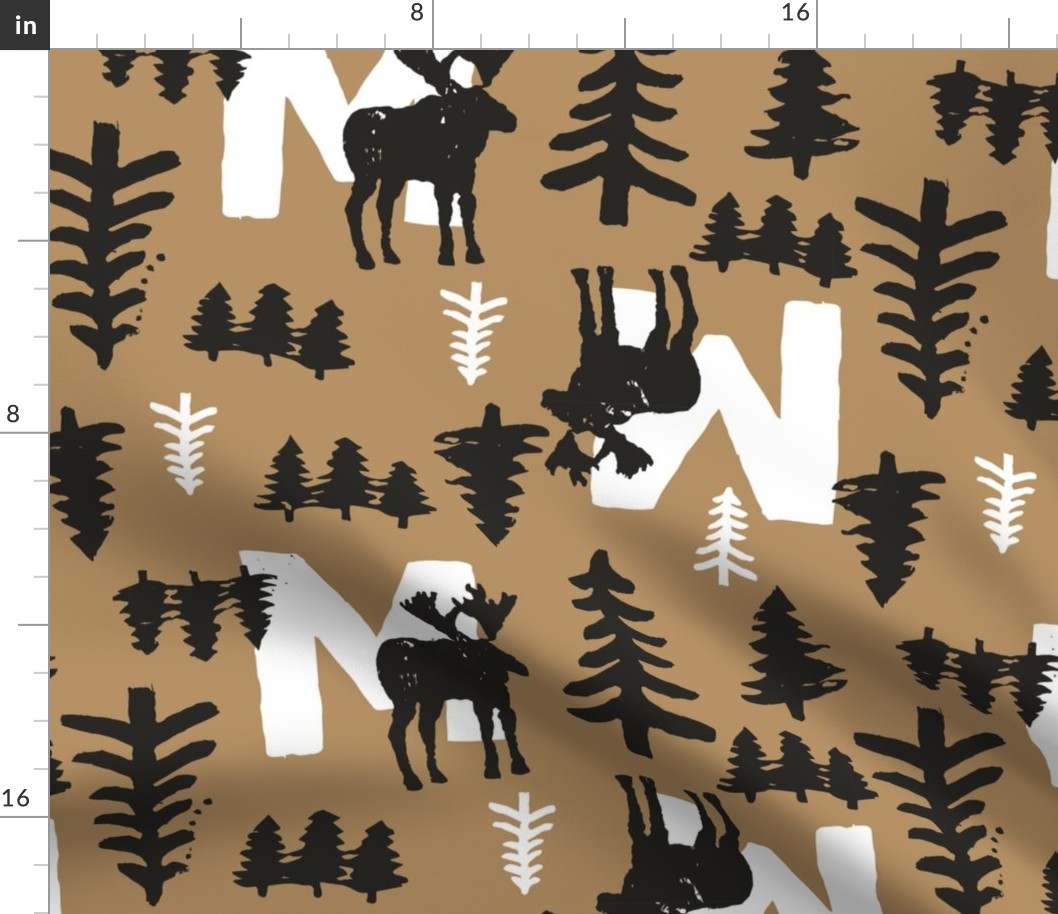 Woodland Forest "M" Moose Block Print in Black Brown White / Large Scale / Two Way