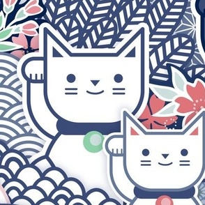 Sakura Cats- Manekineko Lucky Cat- Blue- Japanese Good Luck Talisman- Cherry Blossom- Navy Blue- Indigo Blue- Spring- Extra Large